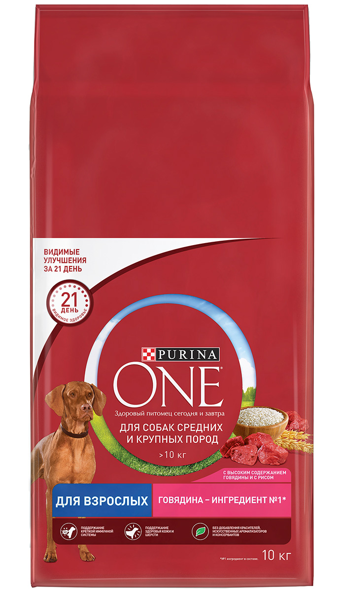 

Purina One для взрослых собак средних и крупных пород с говядиной и рисом (1,8 + 1,8 кг)