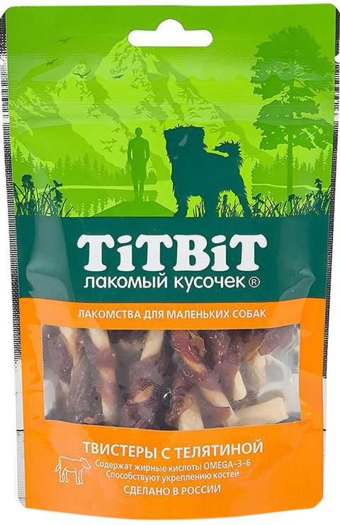 

Лакомство Tit Bit лакомый кусочек для собак маленьких пород твистеры с телятиной (50 гр)