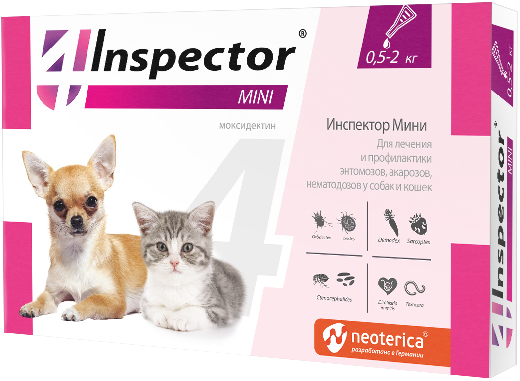 

Inspector Mini Инспектор Мини капли для собак весом от 0,5 до 2 кг и кошек против внутренних и внешних паразитов (1 пипетка)