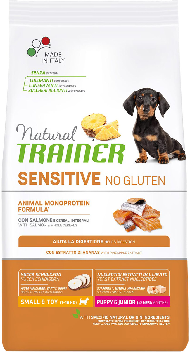 

Trainer Natural Sensitive No Gluten Small & Toy Puppy & Junior Salmon безглютеновый для щенков маленьких пород с лососем (0,8 + 0,8 кг)