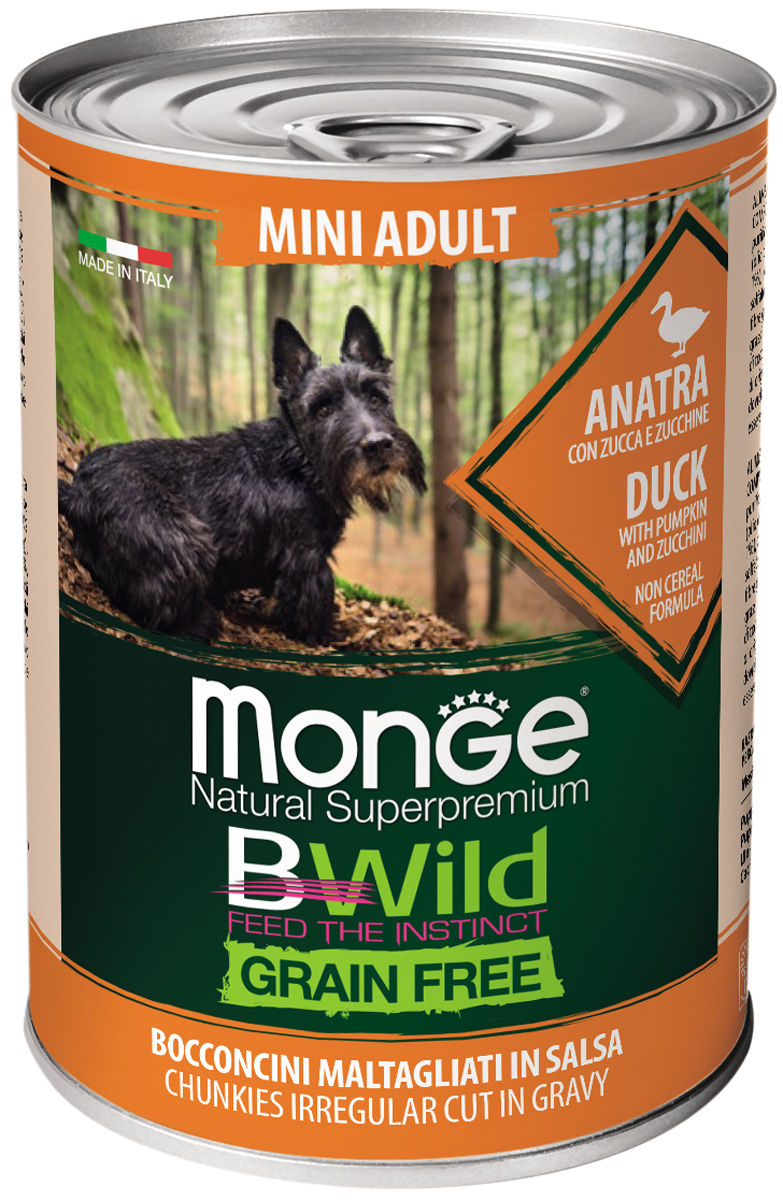 

Monge Bwild Adult Dog Mini Grain Free беззерновые для взрослых собак маленьких пород с уткой, тыквой и кабачками (400 гр)