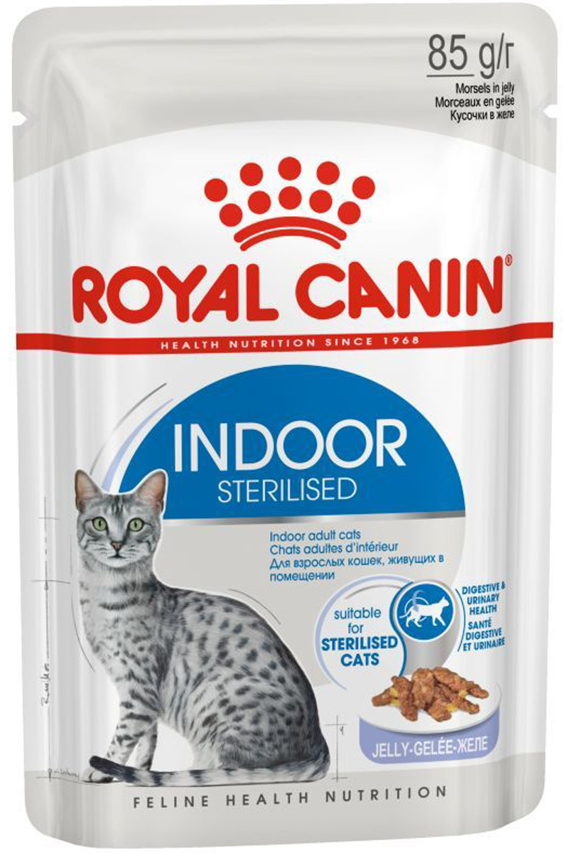 

Royal Canin Indoor Sterilised для взрослых кастрированных котов и стерилизованных кошек живущих дома в в желе (85 гр)
