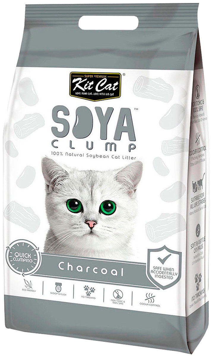 

Kit Cat Soya Clump Charcoal наполнитель соевый биоразлагаемый комкующийся для туалета кошек с активированным углем (14 + 14 л)