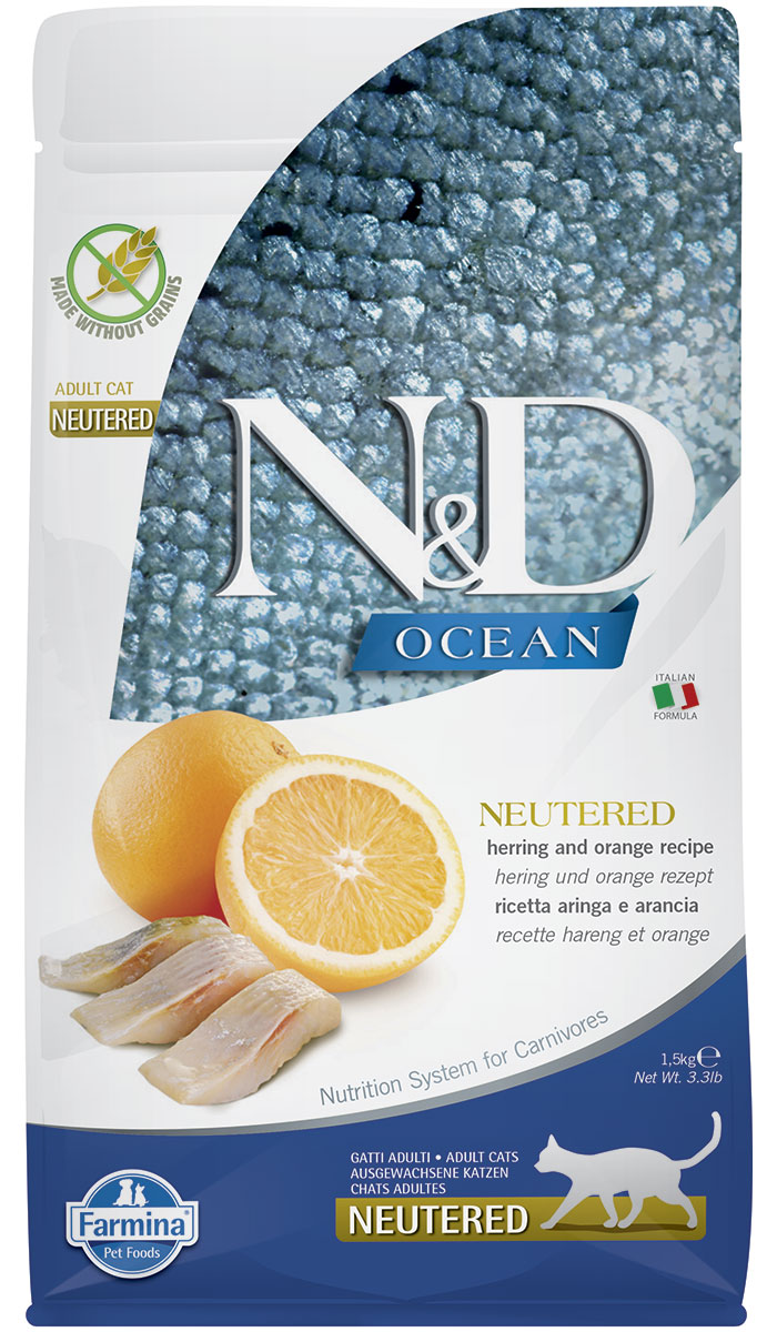 

Farmina Cat N&d Ocean Neutered Herring & Orange беззерновой для взрослых кастрированных котов и стерилизованных кошек с сельдью и апельсином (0,3 кг)