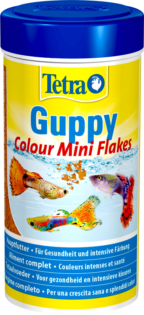 

Tetra Guppy Colour Mini Flakes корм хлопья для всех видов гуппи и других живородящих рыб для усиления окраски (100 мл)