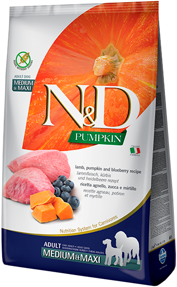 

Farmina Dog N&d Grain Free Pumpkin Adult Medium & Maxi Lamb & Blueberry беззерновой для взрослых собак средних и крупных пород с ягненком, черникой и тыквой (12 + 12 кг)