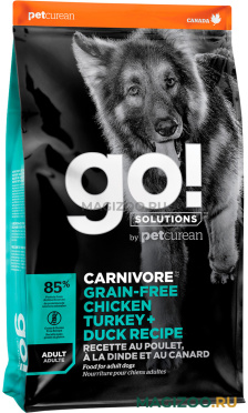 Сухой корм GO! SOLUTIONS CARNIVORE беззерновой для взрослых собак всех пород 4 вида мяса с индейкой, курицей, лососем и уткой (5,44 кг)