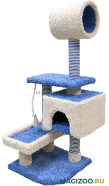 Комплекс для кошек Зооник с квадратным домом, лежанкой и трубой ковролин синий 56 х 70 х 145 см (1 шт)