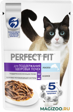 Влажный корм (консервы) PERFECT FIT для взрослых кошек для поддержания здоровья почек с лососем в соусе пауч (75 гр)