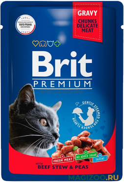 Влажный корм (консервы) BRIT PREMIUM CAT WITH BEEF STEW & PEAS для взрослых кошек с говядиной и горошком пауч (85 гр)