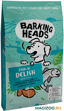 Сухой корм BARKING HEADS Рыбка-вкусняшка для взрослых собак всех пород с лососем, форелью и бататом (12 кг)