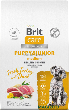 Сухой корм BRIT CARE DOG PUPPY & JUNIOR MEDIUM HEALTHY GROWTH для щенков средних пород с индейкой и уткой (12 кг)