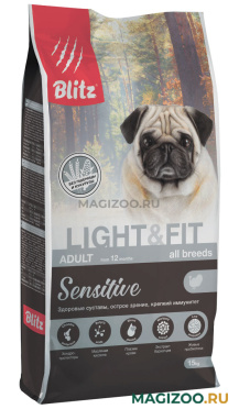 Сухой корм BLITZ SENSITIVE ADULT ALL BREEDS LIGHT & FIT диетический для взрослых собак всех пород с индейкой (15 кг)