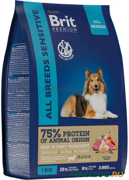 Сухой корм BRIT PREMIUM DOG ADULT SENSITIVE для взрослых собак всех пород с чувствительным пищеварением с ягненком и индейкой (1 кг)