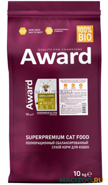 Сухой корм AWARD HAIRBALL & INDOOR для взрослых кошек для вывода шерсти с уткой (10 кг)