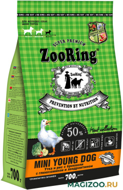 Сухой корм ZOORING MINI YOUNG DOG для молодых собак маленьких пород с уткой, рисом, брокколи, глюкозамином и хондроитином (0,7 кг)
