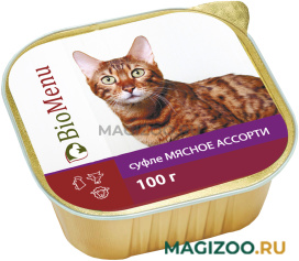 Влажный корм (консервы) BIOMENU для взрослых кошек суфле с мясным ассорти (100 гр)
