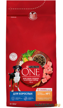 Сухой корм PURINA ONE для взрослых собак средних и крупных пород с курицей и рисом (1,8 кг)