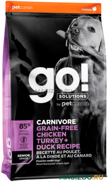 Сухой корм GO! SOLUTIONS CARNIVORE беззерновой для пожилых собак всех пород 4 вида мяса с индейкой, курицей, лососем и уткой (5,44 кг)