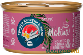 Влажный корм (консервы) MOLINA для взрослых кошек с тунцом и анчоусами в желе (70 гр)