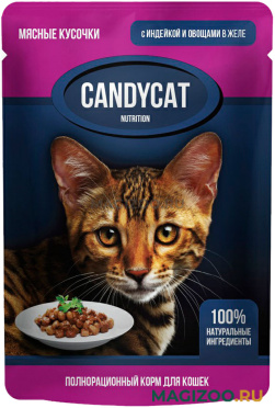 Влажный корм (консервы) CANDYCAT для взрослых кошек с индейкой и овощами в желе пауч (85 гр)