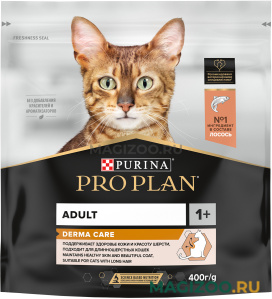 Сухой корм PRO PLAN DERMA CARE для взрослых кошек для здоровья шерсти и кожи с лососем (0,4 кг)