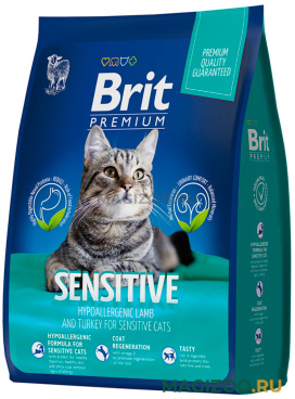 Сухой корм BRIT PREMIUM CAT SENSITIVE для взрослых кошек с чувствительным пищеварением с ягненком и индейкой (8 кг)