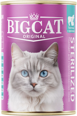 Влажный корм (консервы) ЗООГУРМАН BIG CAT STERILIZED для взрослых кастрированных котов и стерилизованных кошек с телятиной и кроликом в желе (350 гр)