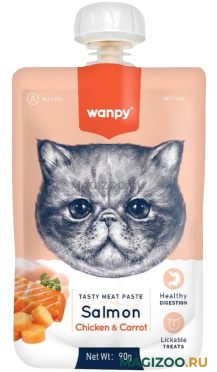 Лакомство WANPY CAT для кошек мясной мусс с лососем, курицей, морковью (90 гр)
