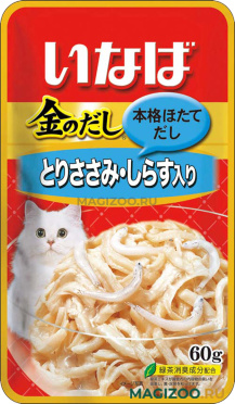Влажный корм (консервы) INABA KINNODASHI для взрослых кошек с куриным филе и мальками ширасу в желе пауч (60 гр)