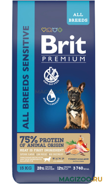 Сухой корм BRIT PREMIUM DOG ADULT SENSITIVE для взрослых собак всех пород с чувствительным пищеварением с лососем и индейкой (15 кг)