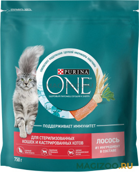 Сухой корм PURINA ONE STERILISED для взрослых стерилизованных кошек и кастрированных котов с лососем и пшеницей (0,75 кг)