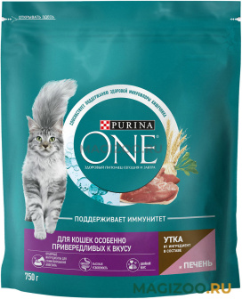 Сухой корм PURINA ONE для взрослых кошек особенно привередливых к вкусу с уткой и печенью (0,75 кг)