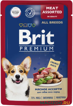 Влажный корм (консервы) BRIT PREMIUM DOG ALL BREEDS MEAT ASSORTED для взрослых собак всех пород с мясным ассорти в соусе пауч (85 гр)