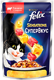 FELIX SENSATIONS СУПЕРВКУС для взрослых кошек с говядиной и сыром в желе пауч (75 гр)