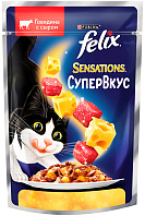 FELIX SENSATIONS СУПЕРВКУС для взрослых кошек с говядиной и сыром в желе пауч (75 гр)