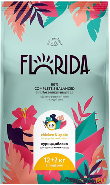 Сухой корм FLORIDA для щенков маленьких пород с курицей и яблоком (12 + 2 кг)
