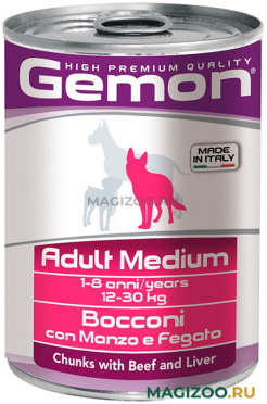 Влажный корм (консервы) GEMON DOG ADULT MEDIUM для взрослых собак средних пород с кусочками говядины и печенью  (415 гр)
