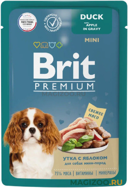 Влажный корм (консервы) BRIT PREMIUM DOG MINI DUCK & APPLE для взрослых собак маленьких пород с уткой и яблоком в соусе пауч (85 гр)