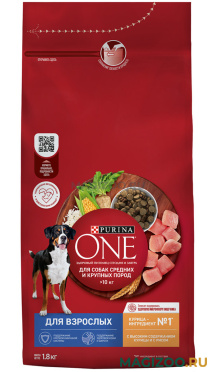Сухой корм PURINA ONE для взрослых собак средних и крупных пород с курицей и рисом (1,8 кг)