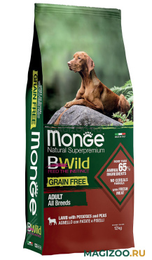 Сухой корм MONGE BWILD GRAIN FREE DOG ADULT ALL BREEDS LAMB беззерновой для взрослых собак всех пород с ягненком, горохом и картофелем (12 кг)