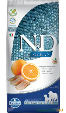Сухой корм FARMINA DOG N&D OCEAN ADULT MEDIUM & MAXI HERRING & ORANGE беззерновой для взрослых собак средних и крупных пород с сельдью и апельсином (12 кг)