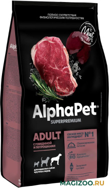 Сухой корм ALPHAPET SUPERPREMIUM ADULT для взрослых собак крупных пород с говядиной и потрошками (12 кг)