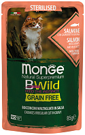 MONGE BWILD GRAIN FREE CAT STERILISED беззерновые для взрослых кастрированных котов и стерилизованных кошек с лососем, креветками и овощами в соусе пауч (85 гр)