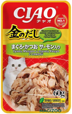 Влажный корм (консервы) INABA CIAO KINNODASHI для взрослых кошек с тунцом Магуро, тунцом Кацуо и семгой пауч (60 гр)