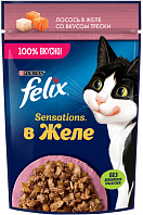 FELIX SENSATIONS для взрослых кошек с лососем в желе со вкусом трески пауч (75 гр)