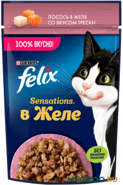 Влажный корм (консервы) FELIX SENSATIONS для взрослых кошек с лососем в желе со вкусом трески пауч (75 гр)
