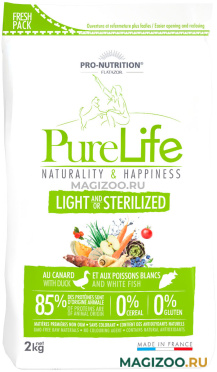 Сухой корм FLATAZOR PURE LIFE LIGHT AND/OR STERILISED диетический для взрослых собак всех пород, кастрированных и стерилизованных собак с уткой и белой рыбой (2 кг)
