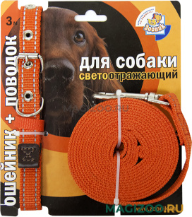 Ошейник и поводок 20 мм для собак капроновый светоотражающий оранжевый 3 м Зооник (1 шт)