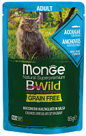 MONGE BWILD GRAIN FREE CAT беззерновые для взрослых кошек с анчоусами и овощами в соусе пауч (85 гр)